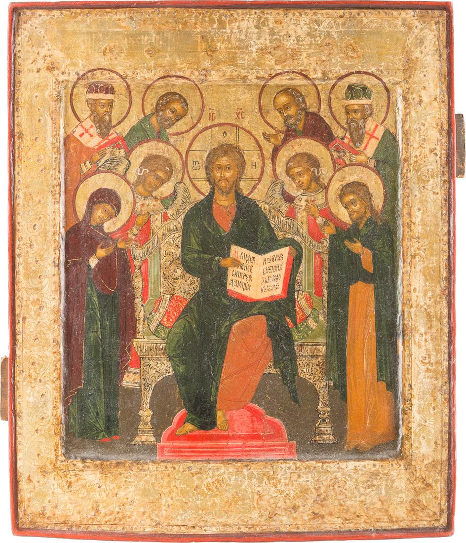 AN ICON SHOWING THE EXTENDED DEISIS Russian, circa 1700: AN ICON SHOWING THE EXTENDED DEISIS Russian, circa 1700 Tempera on wood panel with double kovcheg. Executed on a gold ground. Areas of restoration. 31.7 x 26.6 cm. IKONE MIT ERWEITERTER DEESIS Russlan