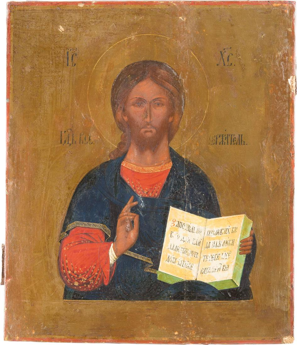 AN ICON SHOWING CHRIST PANTOKRATOR Russian, late 19th: AN ICON SHOWING CHRIST PANTOKRATOR Russian, late 19th century Tempera on wood panel. The garments with gold ornamentation. Vertical crack restored, areas of restoration. 30.9 x 26.3 cm. IKONE MIT CHRI