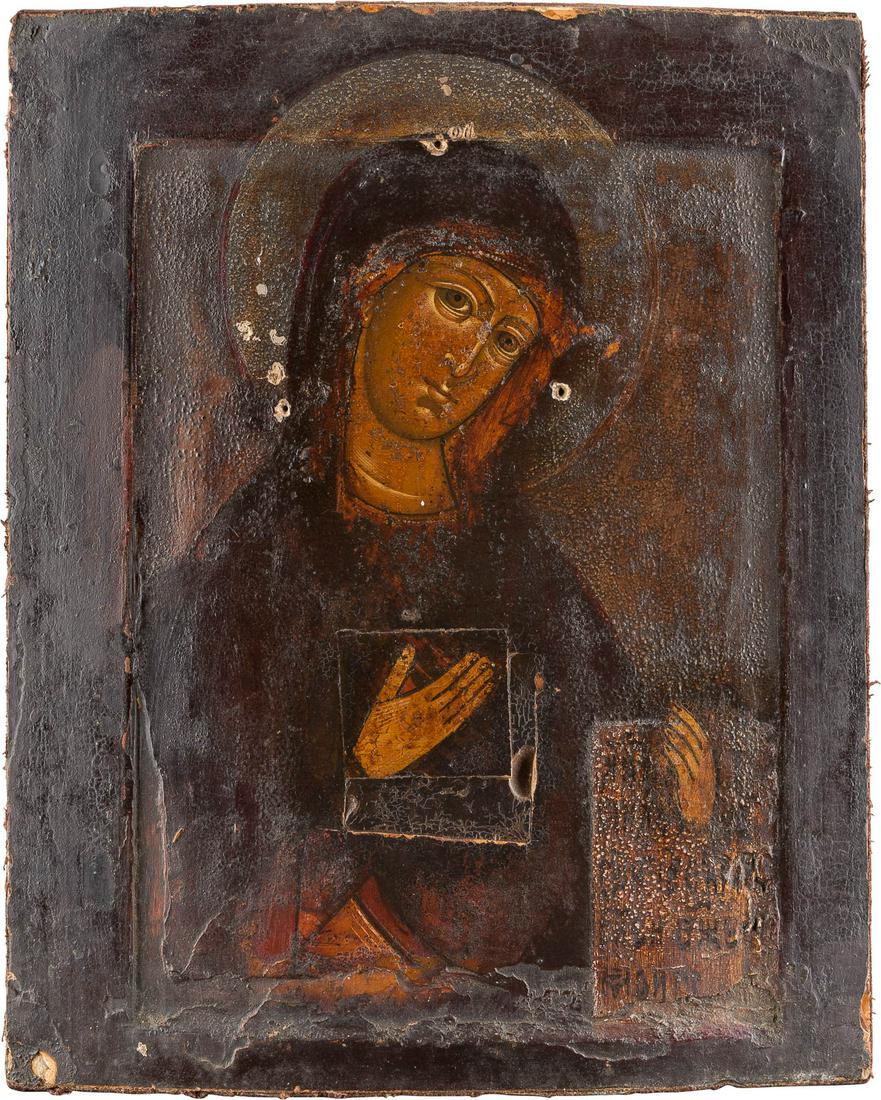 AN ICON SHOWING THE MOTHER OF GOD FROM A DEISIS: AN ICON SHOWING THE MOTHER OF GOD FROM A DEISIS Russian, 19th century Tempera on wood panel with kovcheg. Losses, restorations. 31 x 26.4 cm. IKONE MIT DER GOTTESMUTTER AUS EINER DEESIS Russland, 19. 