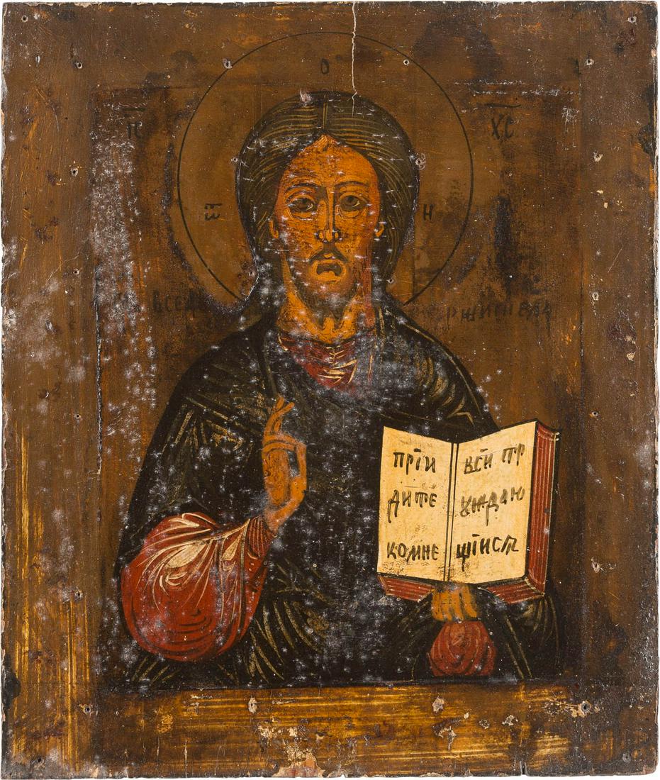 AN ICON SHOWING CHRIST PANTOKRATOR Russian, 19th: AN ICON SHOWING CHRIST PANTOKRATOR Russian, 19th century Tempera on wood panel. Damages. 31 x 26.2 cm. IKONE MIT CHRISTUS PANTOKRATOR Russland, 19. Jh. Verbund zweier Bretter mit zwei Rückseiten-Spon