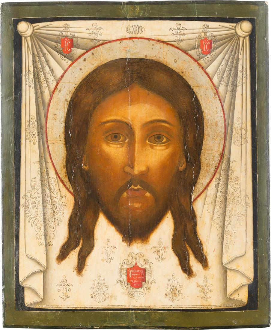 A FINE ICON OF THE MANDYLION Russian, last third 17th: A FINE ICON OF THE MANDYLION Russian, last third 17th century Tempera on wood panel. The face of Christ impressed on an undecorated cloth with its two upper corners knotted, the only additions being t