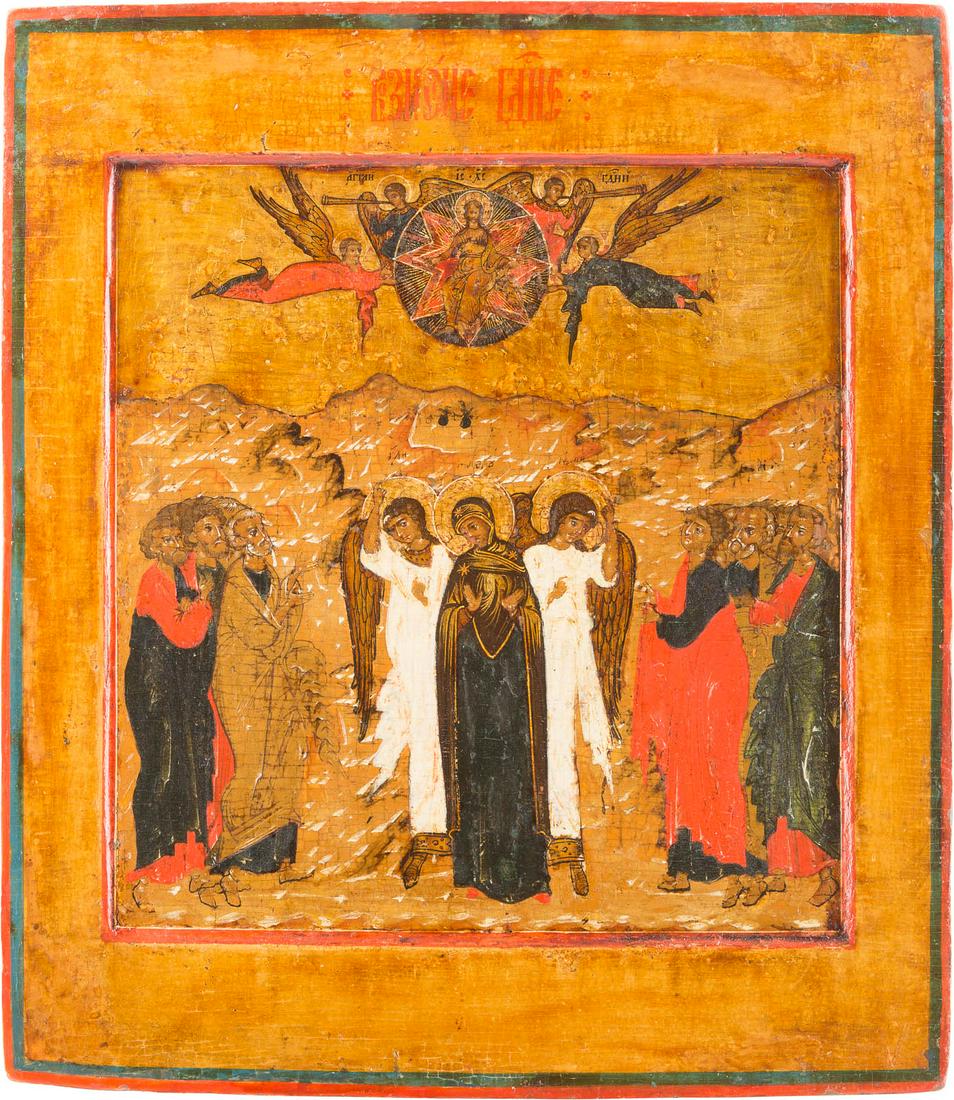 AN ICON SHOWING THE ASCENSION OF CHRIST Russian, 17th: AN ICON SHOWING THE ASCENSION OF CHRIST Russian, 17th century Tempera on wood panel with kovcheg. The haloes and background gilded. Areas of retouching. 31 x 27 cm. IKONE MIT DER HIMMELFAHRT CHRISTI R