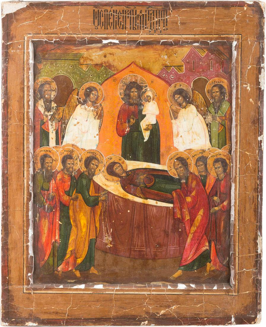 AN ICON SHOWING THE DORMITION OF THE MOTHER OF GOD: AN ICON SHOWING THE DORMITION OF THE MOTHER OF GOD Russian, 19th century Tempera on wood panel with kovcheg. The background made of silver, covered by a golden lacquer. Restorations, losses, overpaint