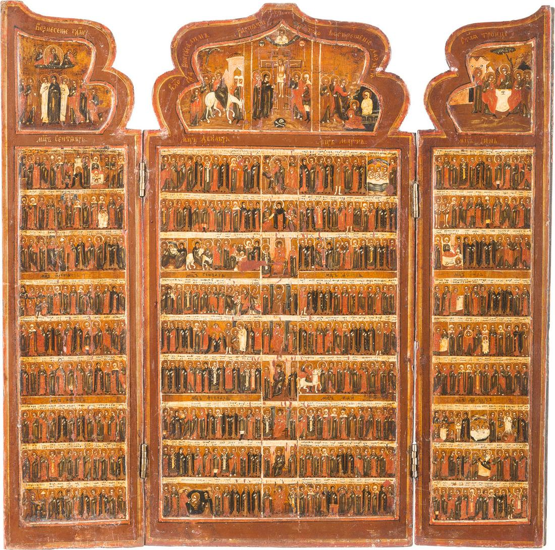 A LARGE MENOLOGICAL TRIPTYCH SHOWING THE MONTH OF THE: A LARGE MENOLOGICAL TRIPTYCH SHOWING THE MONTH OF THE YEAR AND HIGH FEASTS OF THE LITURGICAL YEAR Russian, 18th century Tempera on wood panels with kovcheg. Executed on a gold ground. Minimally restor