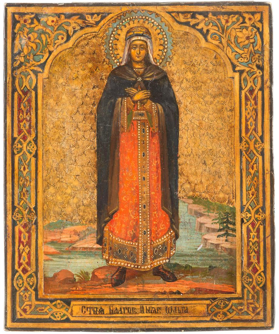 AN ICON SHOWING ST. OLGA Russian, circa 1900 and later: AN ICON SHOWING ST. OLGA Russian, circa 1900 and later Oil on wood panel. Against a gold tooled background, the patterns of spandrels and borders emulating contemporary metal oklads. Overpaintings, re