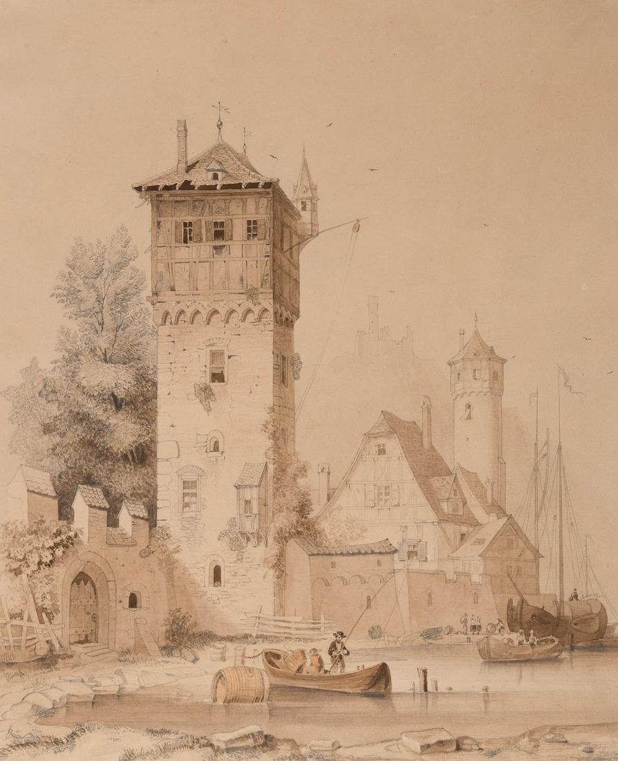 CASPAR JOHANN NEPOMUK SCHEUREN (UMKREIS) 1810 Aachen -: CASPAR JOHANN NEPOMUK SCHEUREN (UMKREIS) 1810 Aachen - 1887 Düsseldorf STADT AM FLUSSUFER Bleistift und Tuschpinsel auf Papier. 33,5 x 28 cm. Besch. und rest., gebräunt. Im Passepartout. Pro