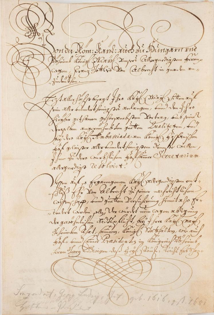 AUTOGRAPH IM NAMEN KAISER LEOPOLD I. Dat. 8. Januar: AUTOGRAPH IM NAMEN KAISER LEOPOLD I. Dat. 8. Januar 1678 Tinte auf Papier; mehrfach gefaltet; mit Resten des Wachssiegels. 31,5 x 42 cm. Part. fleckig, gebräunt, Randbesch., sekundäre handsc