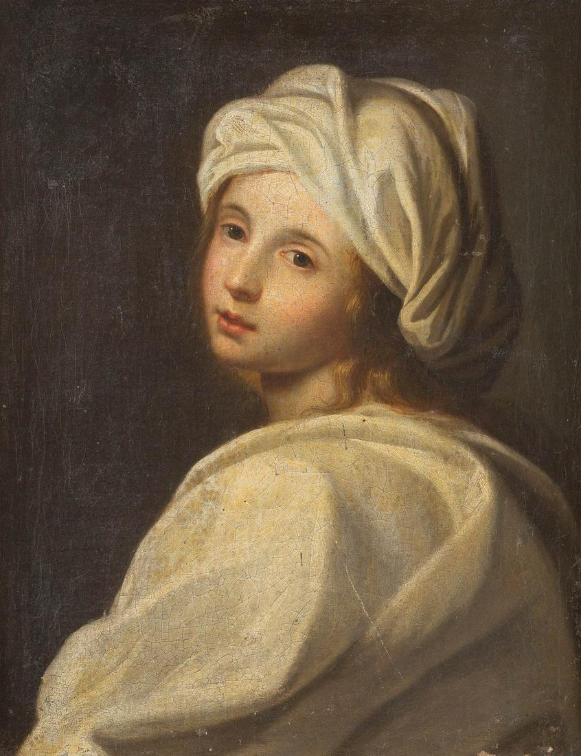 ELISABETTA SIRANI (SCHOOL/CIRCLE) January 8th, 1638: ELISABETTA SIRANI (SCHOOL/CIRCLE) January 8th, 1638 Bologna - August 28th, 1665 Ibid PORTRAIT OF BEATRICE CENCI (?) Oil on canvas (old relined). 61 x 46,5 cm (F. 77 x 62,5 cm). Verso: Old owner's deta