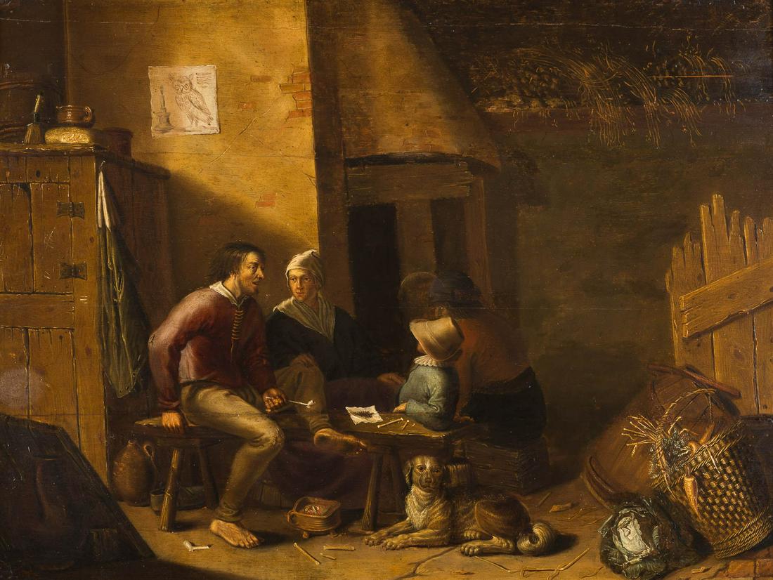 CORNELIS SAFTLEVEN About 1607 Gorkum - June 1681: CORNELIS SAFTLEVEN About 1607 Gorkum - June 1681 Rotterdam PEASANT INTERIEUR Oil on oak panel. 49 x 65 cm (F. 66 x 81 cm). Verso: Panel with old paper label inscribed in ink 'D. Ryckaert 1612-1661'. P