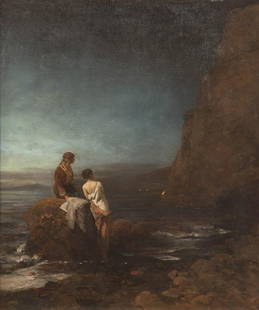 OSWALD ACHENBACH 1827 Duesseldorf - 1905 Ibid. Night by: OSWALD ACHENBACH 1827 Duesseldorf - 1905 Ibid. Night by the beach of Naples Oil on canvas (relined). 60 x 50 cm (F. 72 x 62 cm). Signed and dated lower right 'Osw. Achenbach 1880'. Very min. damaged,