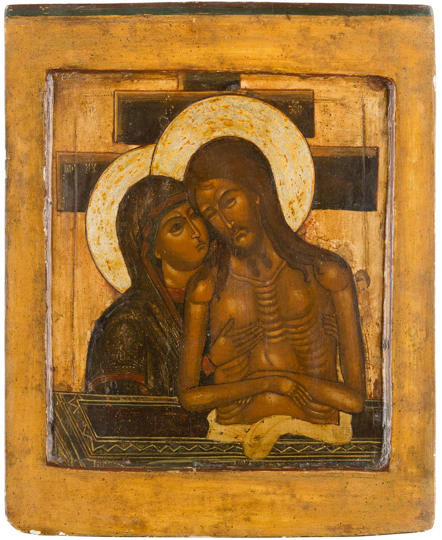 AN ICON SHOWING 'DO NOT WEEP FOR ME, MOTHER' Russian,: AN ICON SHOWING 'DO NOT WEEP FOR ME, MOTHER' Russian, 18th century Tempera on wood panel with double kovcheg. The haloes made of silver, covered by a golden lacquer. The background partially stripped 