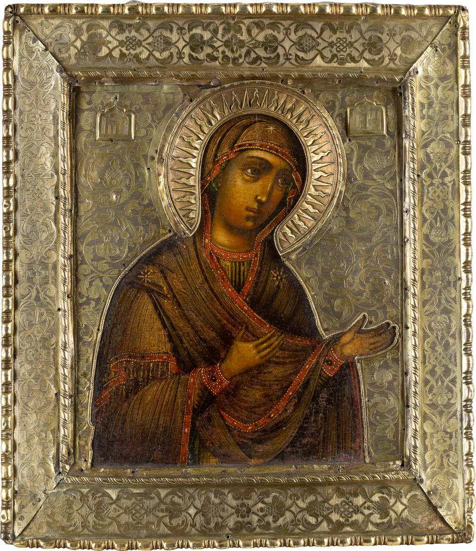 AN ICON SHOWING THE MOTHER OF GOD FROM A DEISIS WITH: AN ICON SHOWING THE MOTHER OF GOD FROM A DEISIS WITH RIZA Russian, Circle of the Armoury Chamber workshop, late 17th century Tempera on wood panel with double kovcheg. Finely executed with gold highli