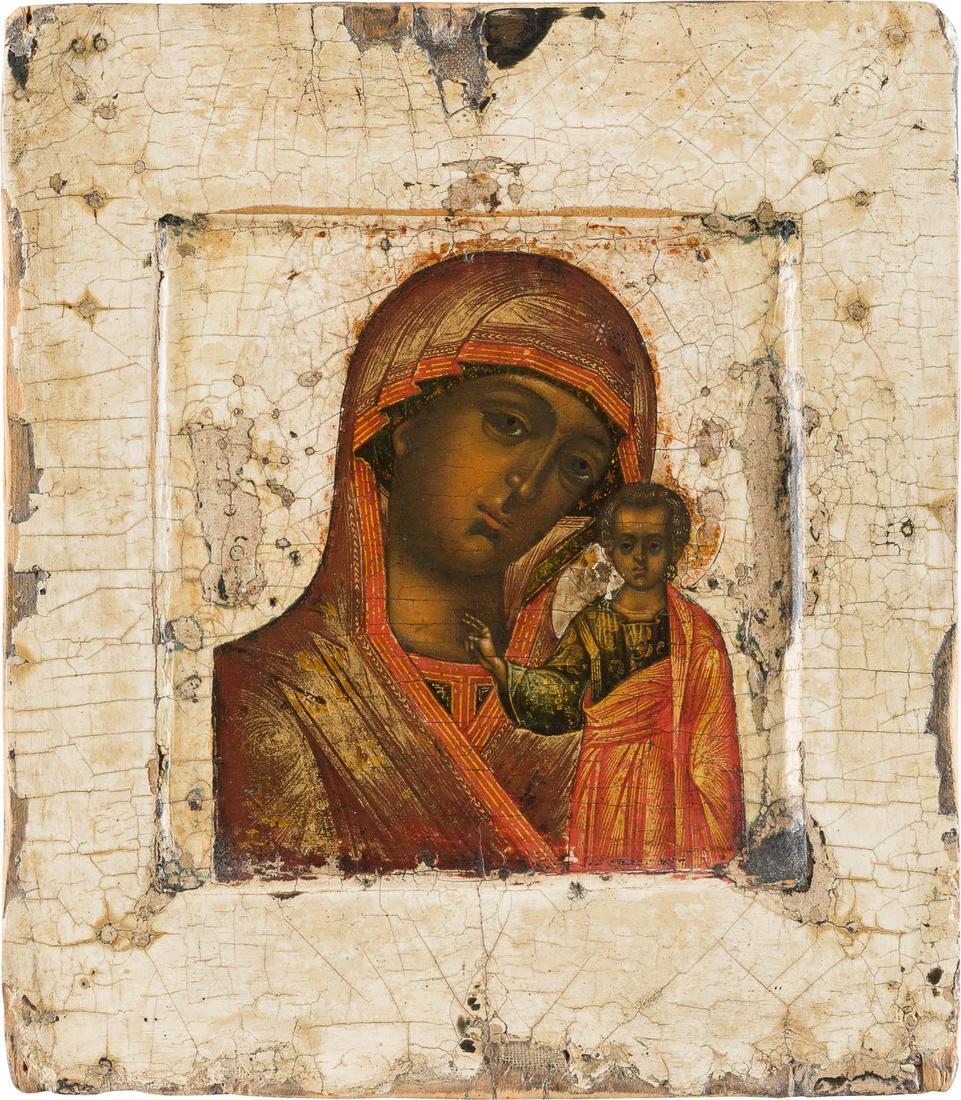 A SMALL ICON SHOWING THE KAZANSKAYA MOTHER OF GOD: A SMALL ICON SHOWING THE KAZANSKAYA MOTHER OF GOD Russian, 18th century Tempera on wood panel with kovcheg. Finely executed with chrysography. The background and border stripped to gesso. 19 x 16.5 cm