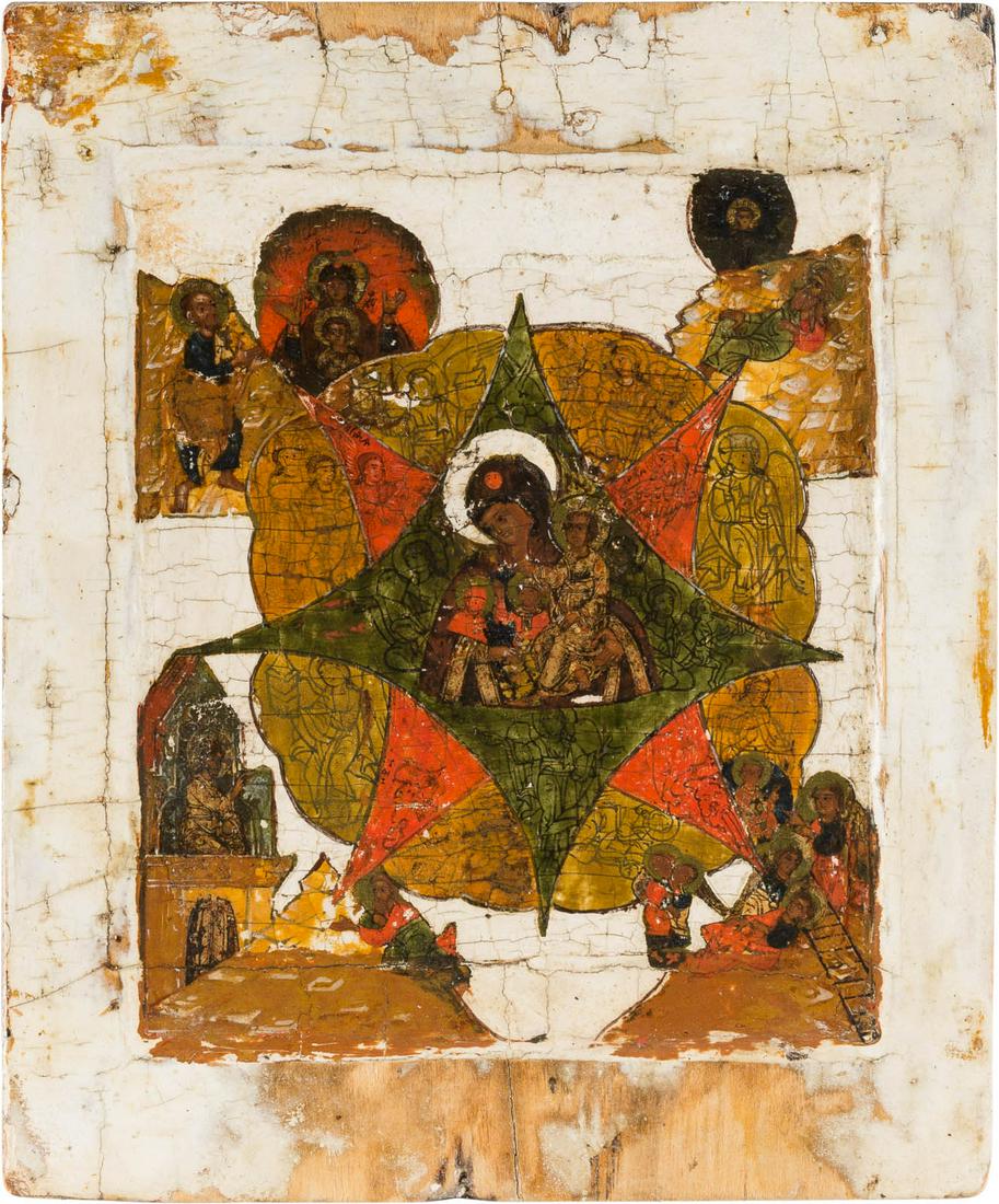 A SMALL ICON SHOWING THE MOTHER OF GOD 'OF THE BURNING: A SMALL ICON SHOWING THE MOTHER OF GOD 'OF THE BURNING BUSH' Russian, 17th century Tempera on wood panel with kovcheg. The background and border stripped to gesso, minimally restored. 18 x 15 cm.KLEIN