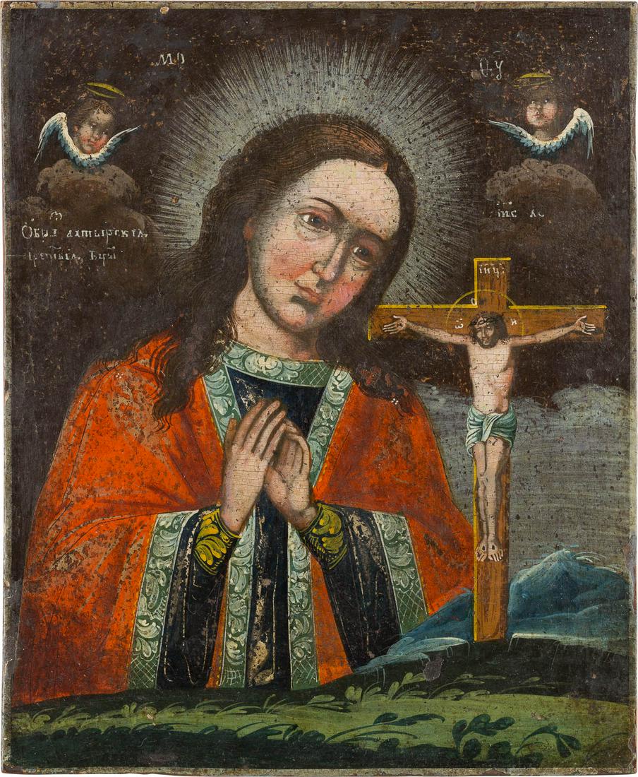AN ICON SHOWING THE AKTHYRSKAYA MOTHER OF GOD Russian,: AN ICON SHOWING THE AKTHYRSKAYA MOTHER OF GOD Russian, late 18th century Tempera on wood panel. Minimally restored. 26.7 x 22 cm.IKONE MIT DER GOTTESMUTTER ACHTYRSKAJA (VON ACHTYRKA) Russland, Ende 18