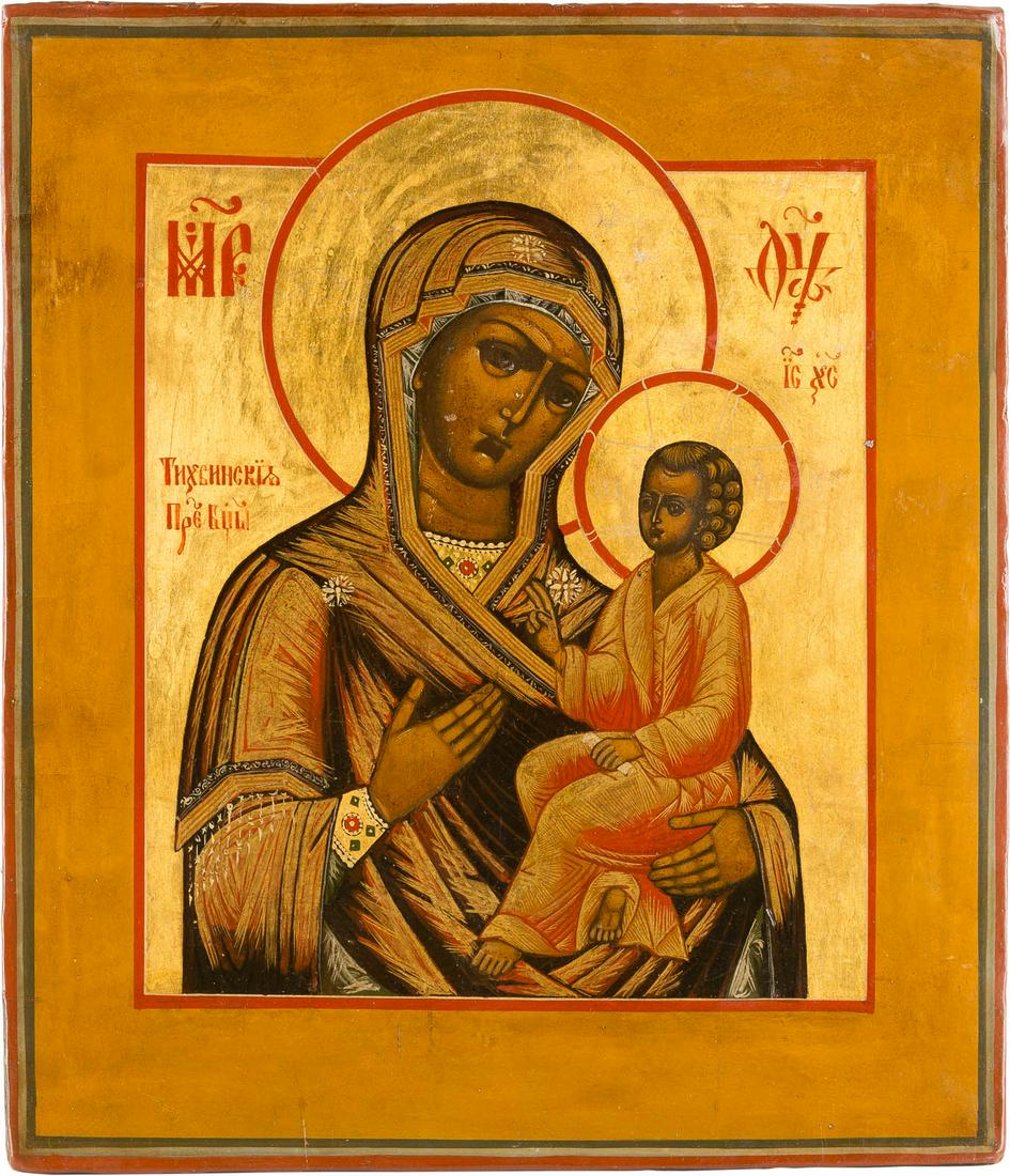 AN ICON SHOWING THE TIKHVINSKAYA MOTHER OF GOD 20th: AN ICON SHOWING THE TIKHVINSKAYA MOTHER OF GOD 20th century Tempera on wood panel. Executed on a gold ground. 30.9 x 27 cm.IKONE MIT DER GOTTESMUTTER VON TICHWIN (TICHWINSKAJA) 20. Jh. Holztafel mit z
