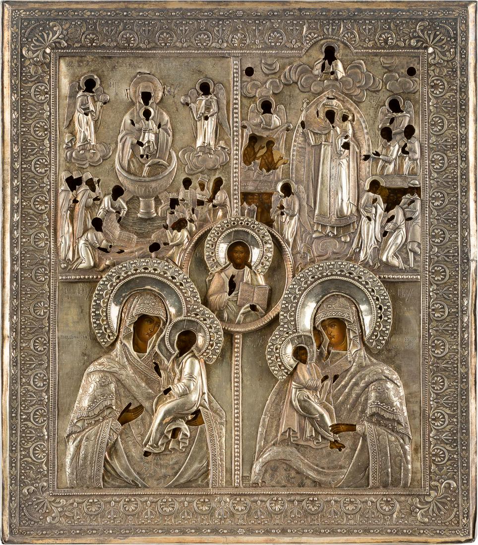 A QUADRI-PARTITE ICON SHOWING FOUR IMAGES OF THE MOTHER: A QUADRI-PARTITE ICON SHOWING FOUR IMAGES OF THE MOTHER OF GOD WITH A SILVER-GILT OKLAD Russian, early 19th century (icon), Russian, St. Petersburg, Ignatius Fedorovitch Tchekalin, 1840 (oklad) Temper