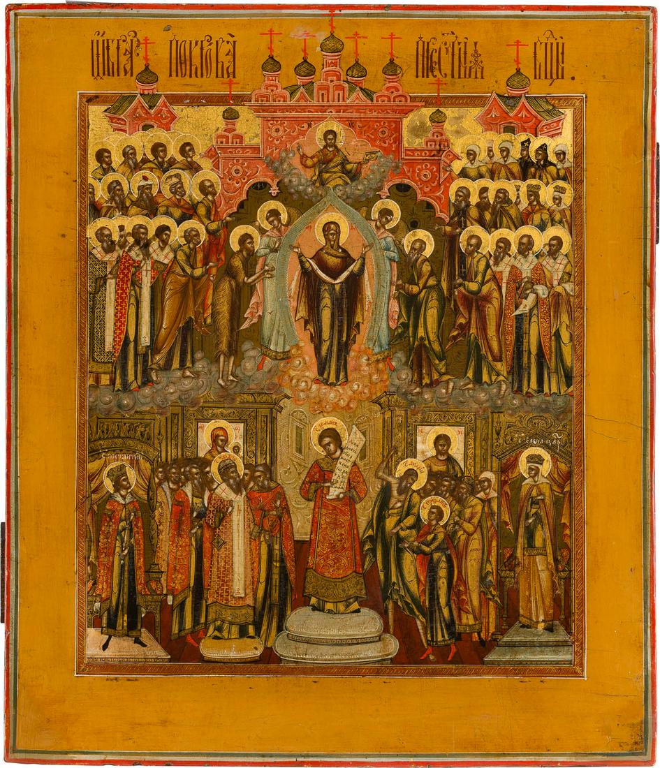 A FINE ICON OF THE PROTECTING VEIL OF THE MOTHER OF GOD: A FINE ICON OF THE PROTECTING VEIL OF THE MOTHER OF GOD (POKROV) Russian, Palekh, circa 1800 Tempera on wood panel. Executed in great detail on a gold ground. 36 x 31.3 cm.FEINE IKONE MIT DER GOTTESMU