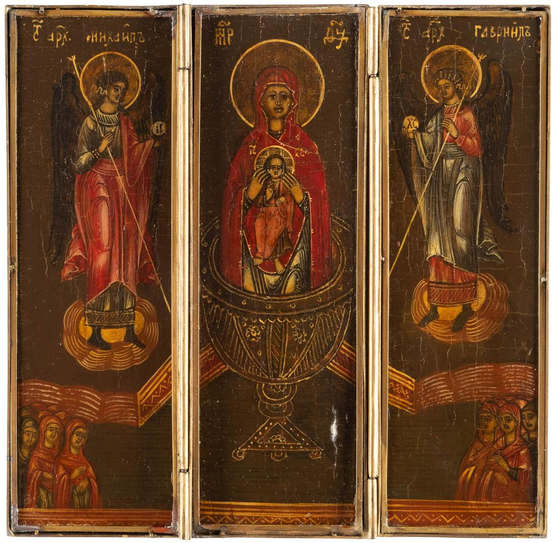 A SMALL TRIPTYCH SHOWING THE MOTHER OF GOD 'OF THE: A SMALL TRIPTYCH SHOWING THE MOTHER OF GOD 'OF THE LIFE-GIVING SOURCE' Russian, 19th century Tempera on wood panels. Brass-mount. The wing finely engraved with the enthroned Mother of God. 17.8 x 18.2