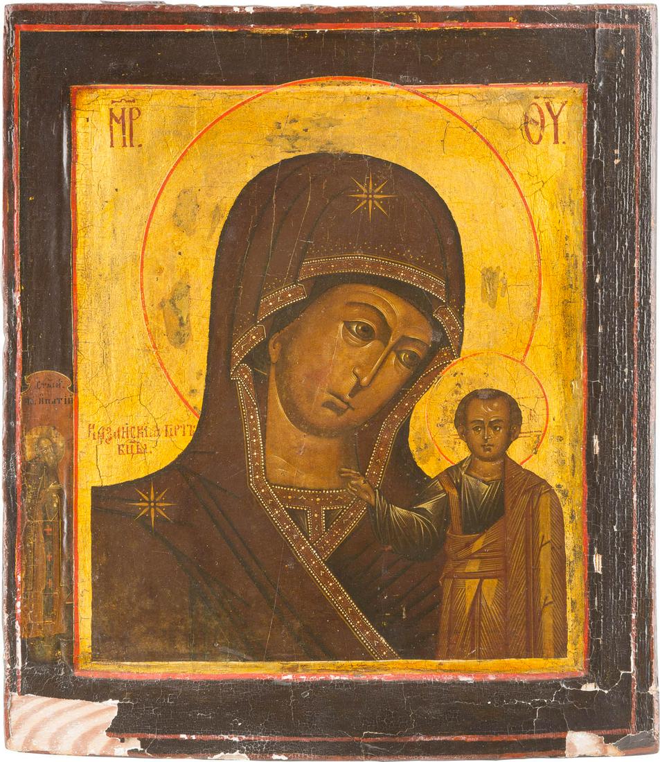 AN ICON SHOWING THE KAZANSKAYA MOTHER OF GOD Russian,: AN ICON SHOWING THE KAZANSKAYA MOTHER OF GOD Russian, 18th century Tempera on wood panel with kovcheg. Executed on a gold ground. St. Ipatiy appears on the left border. The right and lower border adde