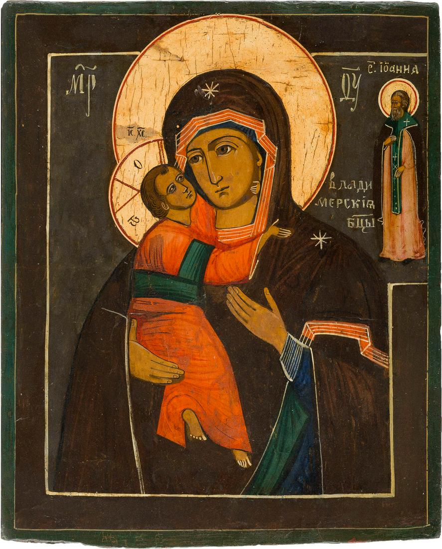 AN ICON SHOWING THE VLADIMIRSKAYA MOTHER OF GOD: AN ICON SHOWING THE VLADIMIRSKAYA MOTHER OF GOD Russian, 18th century Tempera on wood panel. The Mother of God flanked by St. John. The haloes strippes to gesso, partially restored. 33 x 27.5 cm.IKONE