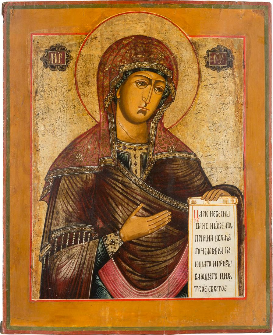 A LARGE ICON SHOWING THE MOTHER OF GOD FROM A DEISIS: A LARGE ICON SHOWING THE MOTHER OF GOD FROM A DEISIS Russian, late 18th century Tempera on wood panel. The background made of silver, covered by a golden lacquer. Minimally restored, minimally worn. 5