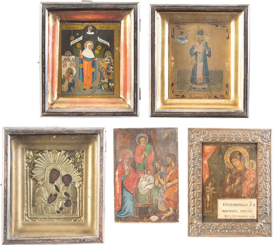FIVE SMALL ICONS SHOWING IMAGES OF THE MOTHER OF GOD,: FIVE SMALL ICONS SHOWING IMAGES OF THE MOTHER OF GOD, THE ADORATION OF CHRIST AND ST. JOASAPH OF BELGOROD Russian, 19th century Tempera / oil on wood panels. Metal oklads. Losses, restored. 15.8-19 cm