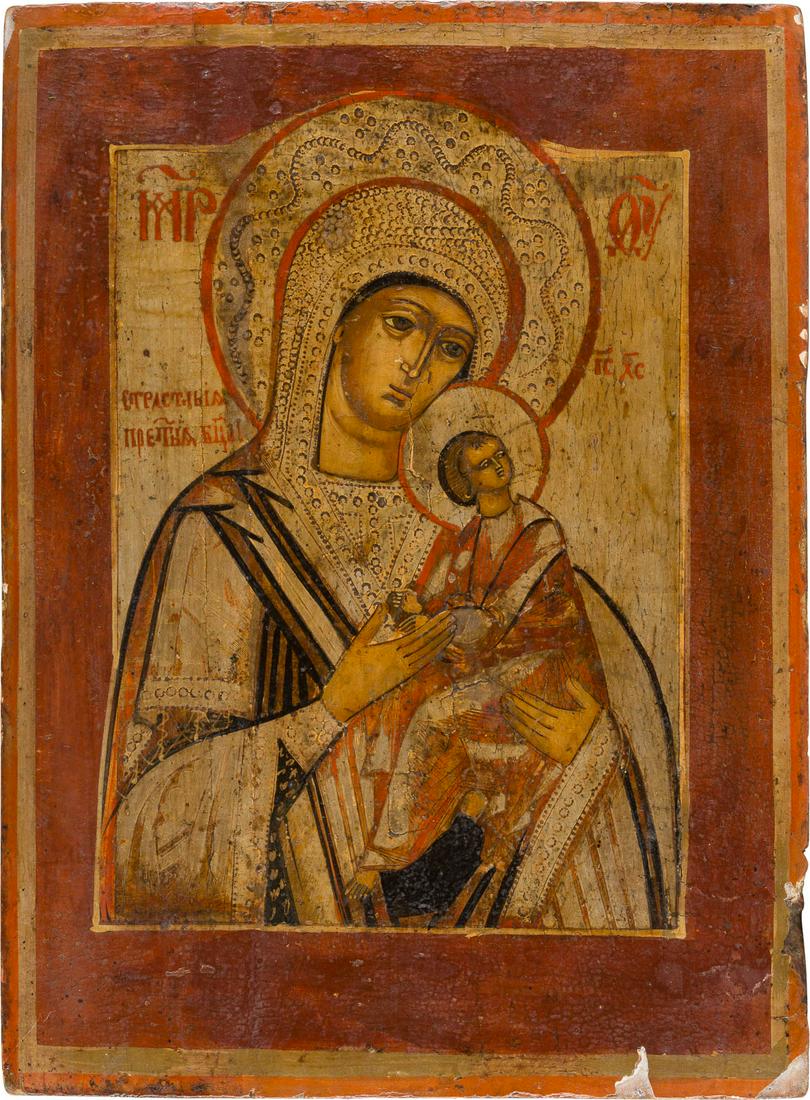 AN ICON SHOWING THE MOTHER OF GOD OF THE PASSION: AN ICON SHOWING THE MOTHER OF GOD OF THE PASSION Russian, circa 1800 Tempera on wood panel. The background made of silver, covered by a golden lacquer. Minimally restored, the edges chipped. 31.4 x 23
