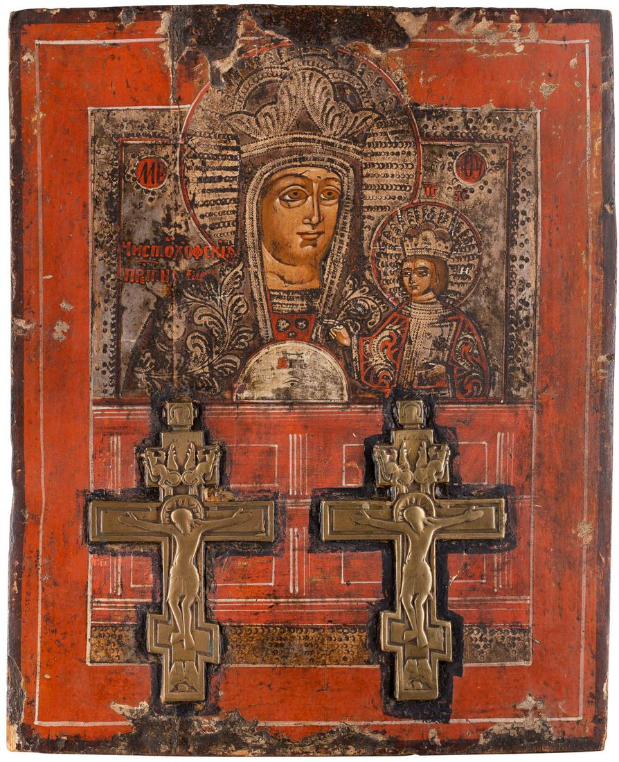 A LARGE ICON SHOWING THE MOTHER OF GOD SOFTENER OF EVIL: A LARGE ICON SHOWING THE MOTHER OF GOD SOFTENER OF EVIL HEARTS Russian, circa 1800 Tempera on wood panel. The background made of silver, ornately punched. Two brass crucifixes set into the panel. Loss