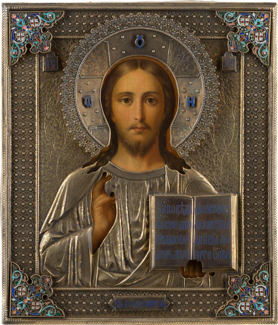 AN ICON SHOWING CHRIST PANTOKRATOR WITH A SILVER-GILT: AN ICON SHOWING CHRIST PANTOKRATOR WITH A SILVER-GILT AND CLOISONNÉ ENAMEL OKLAD Russian, circa 1880 (icon), Russian, Moscow, Pavel Ovchinnikov, 1882 (oklad) Oil on wood panel. Traditionally painted