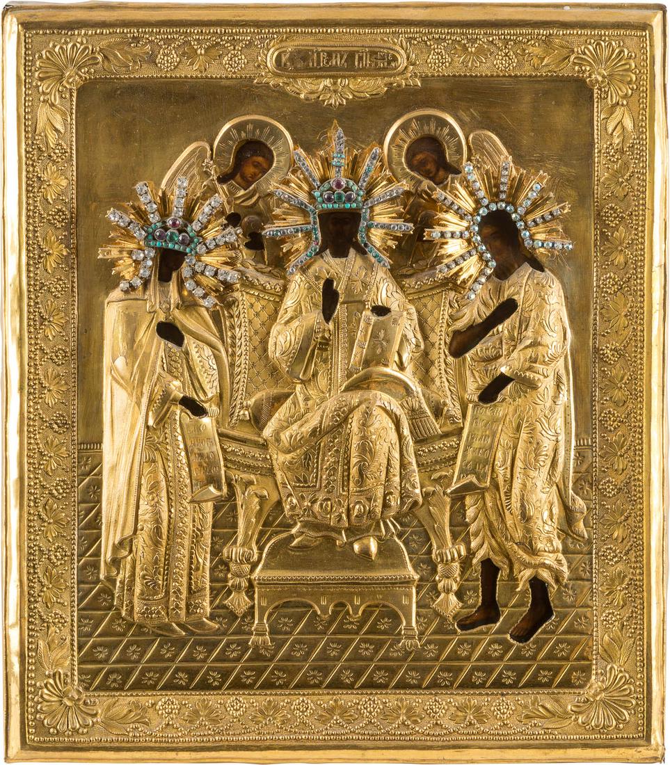 AN ICON SHOWING THE EXTENDED DEISIS Russian, 19th: AN ICON SHOWING THE EXTENDED DEISIS Russian, 19th century Tempera on wood panel with kovcheg. Executed in detail with gold highlights. Minor losses, restorations to the borders. Overlaid with a chased