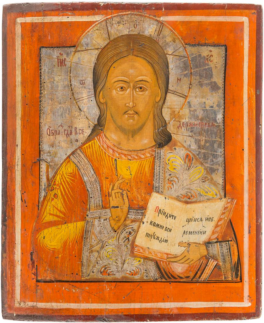 A LARGE ICON SHOWING CHRIST PANTOKRATOR Russian,: A LARGE ICON SHOWING CHRIST PANTOKRATOR Russian, Kholui, 19th century Tempera on wood panel. The background made of silver, covered by a golden lacquer. Minimally worn. 38.3 x 32.2 cm.GROSSE IKONE MIT