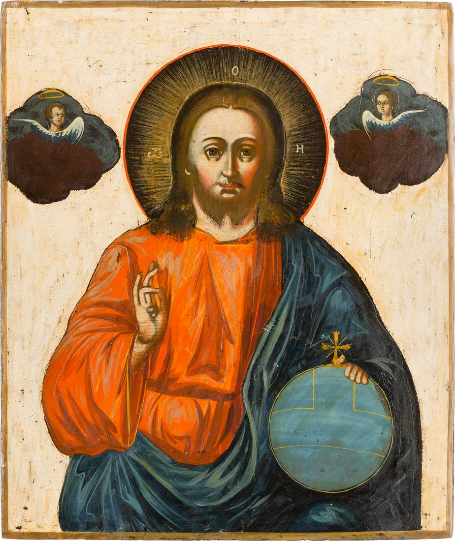 AN ICON SHOWING CHRIST PANTOKRATOR Russian, late 18th: AN ICON SHOWING CHRIST PANTOKRATOR Russian, late 18th century Tempera on wood panel. The background stripped to gesso, minimally restored. 35.5 x 30.2 cm.IKONE MIT CHRISTUS PANTOKRATOR Russland, Ende 