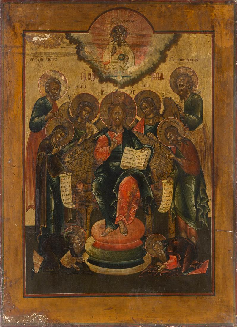 A LARGE ICON SHOWING THE EXTENDED DEISIS Russian, circa: A LARGE ICON SHOWING THE EXTENDED DEISIS Russian, circa 1800 Tempera on wood panel. Executed with gold highlights. Minor losses. 65 x 47.8 cm.GROSSFORMATIGE IKONE MIT ERWEITERTER DEESIS Russland, um 1