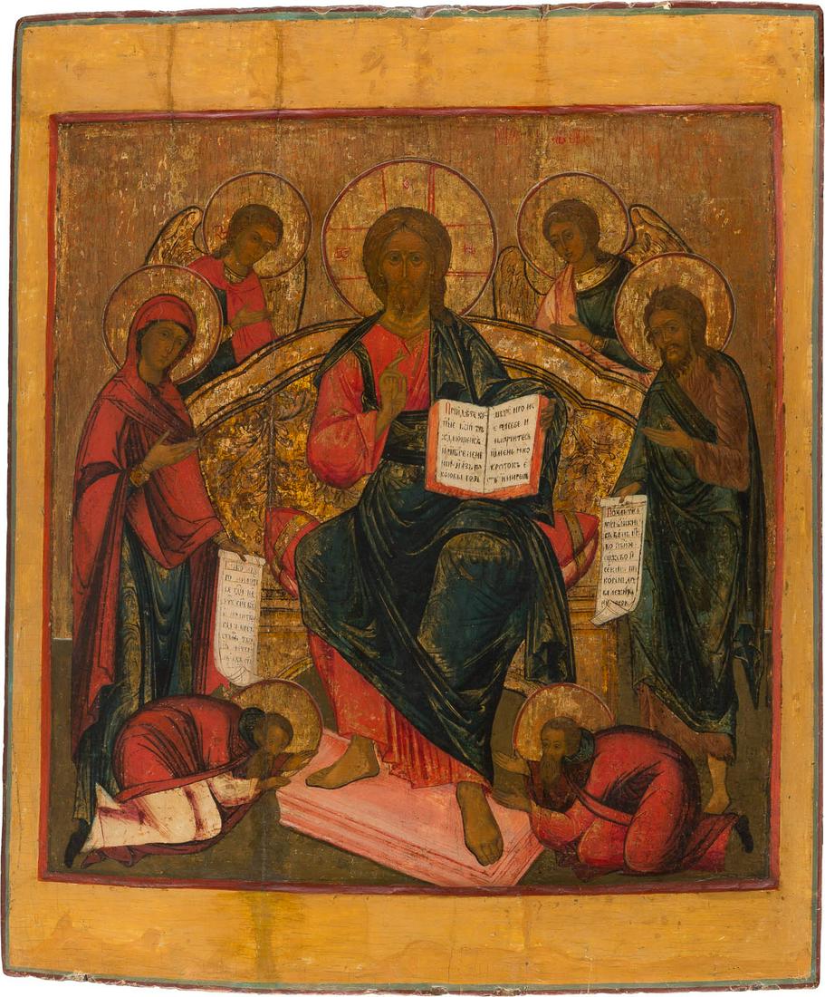 A MONUMENTAL ICON SHOWING THE EXTENDED DEISIS Russian,: A MONUMENTAL ICON SHOWING THE EXTENDED DEISIS Russian, 18th century Tempera on wood panel with kovcheg. Executed on a gold ground. Vertical cracks restored, areas of retouching. On the reverse label '