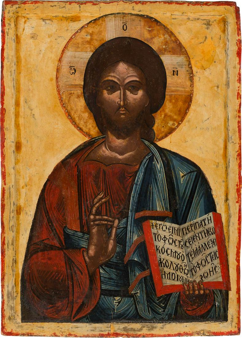 A MONUMENTAL ICON SHOWING CHRIST PANTOKRATOR FROM A: A MONUMENTAL ICON SHOWING CHRIST PANTOKRATOR FROM A CHURCH ICONOSTASIS Greek, circa 1600 Tempera on wood panel with kovcheg. The background and border stripped to gesso, partially restored. 92 x 65.3 