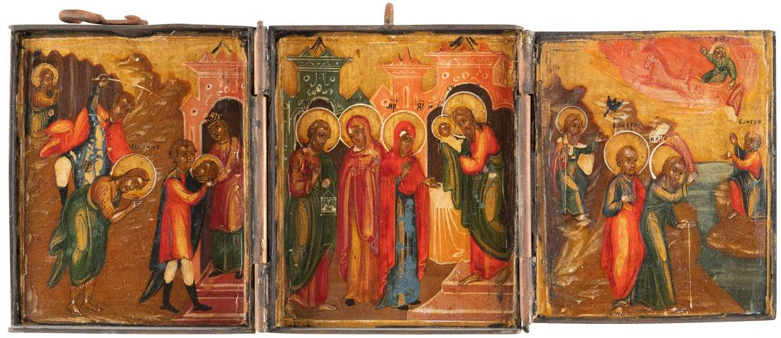 A TRIPTYCH SHOWING THE BEHEADING OF ST. JOHN THE: A TRIPTYCH SHOWING THE BEHEADING OF ST. JOHN THE FORERUNNER, THE PRESENTATION OF CHRIST IN THE TEMPLE AND THE PROPHET ELIJAH Russian, 19th century Tempera on wood panel. Executed on a gold ground. Bra