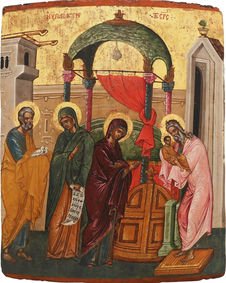 AN ICON SHOWING THE PRESENTATION OF CHRIST INTO THE: AN ICON SHOWING THE PRESENTATION OF CHRIST INTO THE TEMPLE Greek, late 16th century Tempera on wood panel. Executed on a gold ground. Minimally restored. 37 x 30.5 cm.IKONE MIT DER DARBRINGUNG CHRISTI