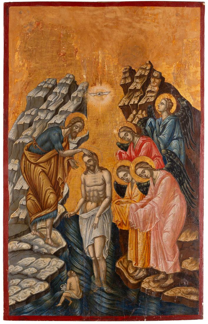 A LARGE ICON SHOWING THE BAPTISM OF CHRIST Greek, circa: A LARGE ICON SHOWING THE BAPTISM OF CHRIST Greek, circa 1700 Tempera on wood panel. Finely executed on a gold ground. The golden background restored. 57.5 x 37 cm.GROSSFORMATIGE IKONE MIT DER TAUFE CH