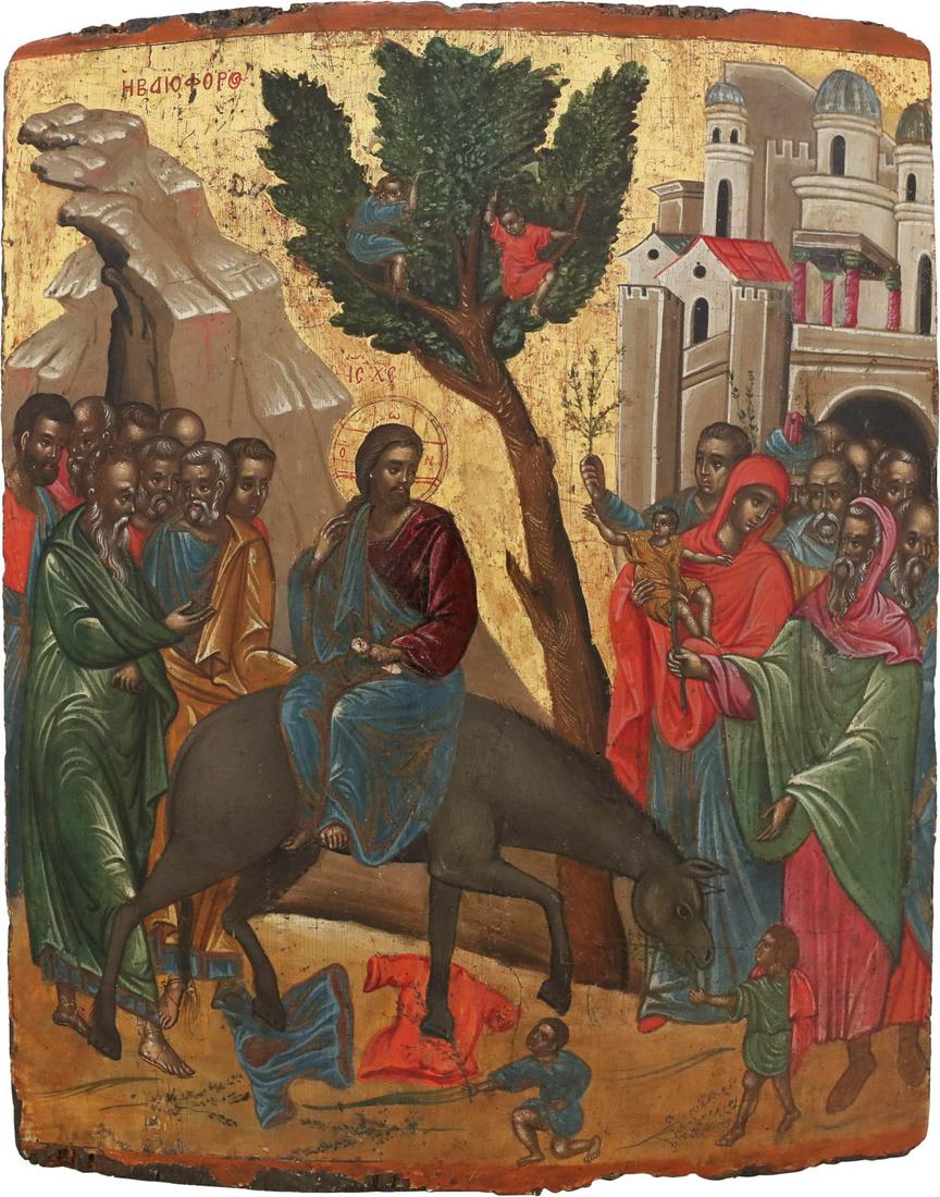 AN ICON SHOWING THE ENTRY INTO JERUSALEM Greek, late: AN ICON SHOWING THE ENTRY INTO JERUSALEM Greek, late 16th century Tempera on wood panel. Executed on a gold ground. Minimally restored. 37 x 30.5 cm.IKONE MIT DEM EINZUG CHRISTI NACH JERUSALEM Grieche