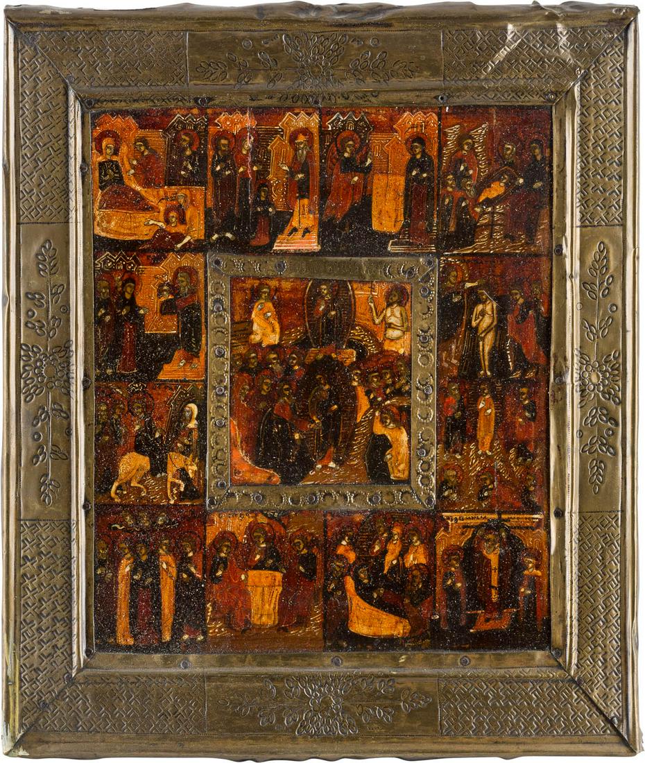 A FEAST DAY ICON WITH BASMA Russian, mid 19th century: A FEAST DAY ICON WITH BASMA Russian, mid 19th century Tempera on wood panel with kovcheg. The borders overlaid with a brass basma. Minimally damaged. 30.7 x 26.5 cm.FESTTAGSIKONE MIT BASMA Russland, M