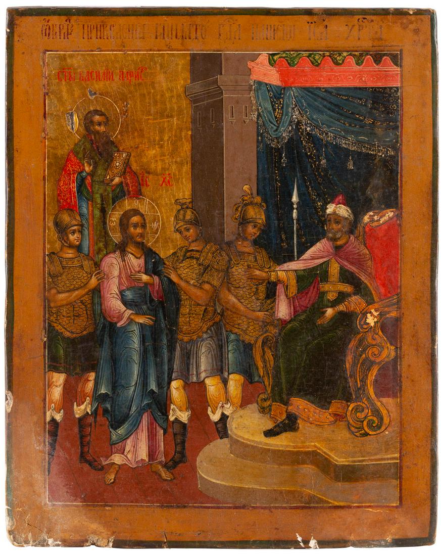 A SMALL ICON SHOWING CHRIST BEFORE PONTIUS PILATE: A SMALL ICON SHOWING CHRIST BEFORE PONTIUS PILATE Russian, circa 1800 Tempera on wood panel. Executed on a gold ground. The borders minimally chipped. 22.6 x 18 cm.KLEINE IKONE MIT CHRISTUS VOR PONTIU