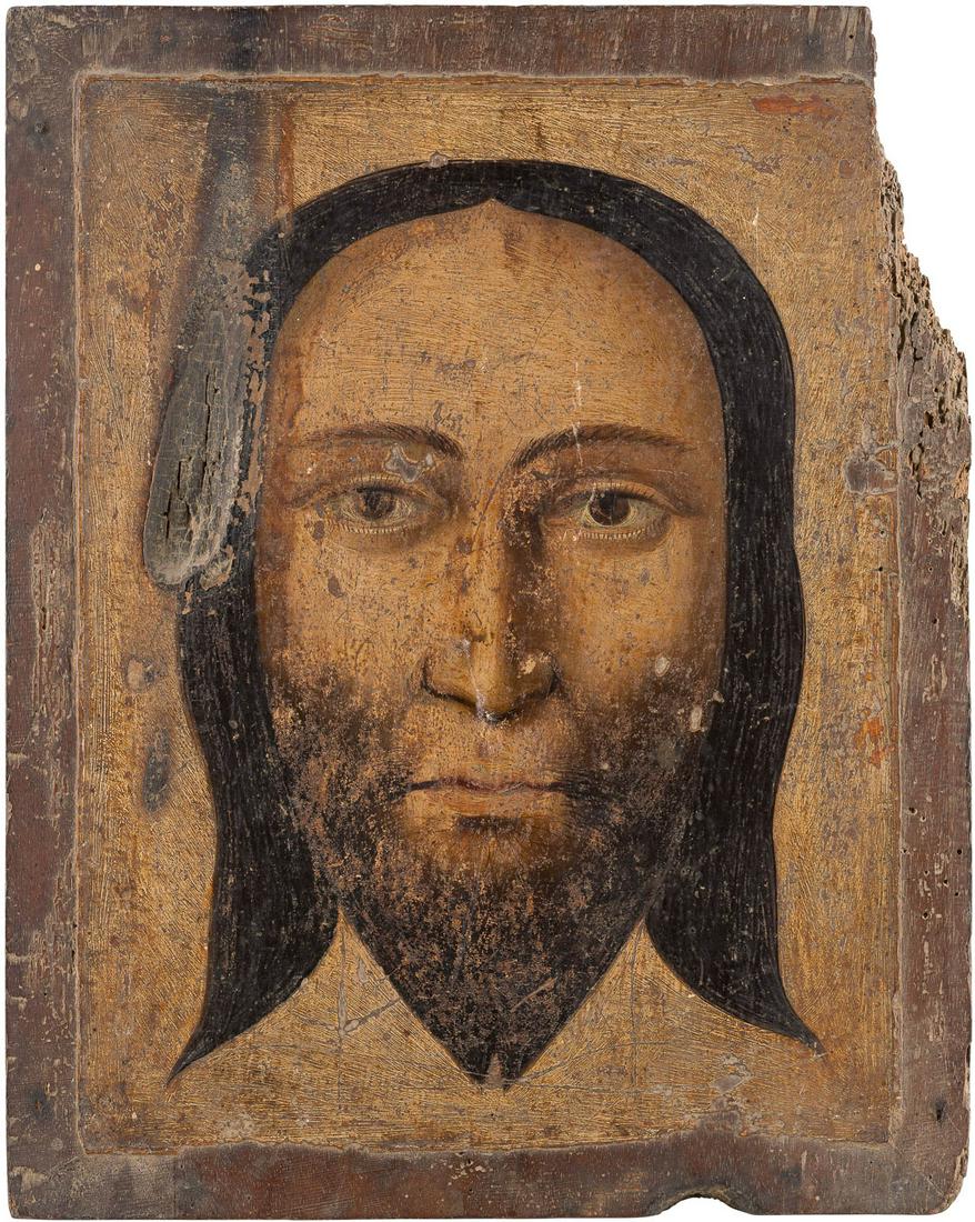 AN ICON SHOWING THE SAVIOUR WITH THE WET BEARD Balkan,: AN ICON SHOWING THE SAVIOUR WITH THE WET BEARD Balkan, circa 1700 Tempera on wood panel. Damages to the borders, losses. 31.9 x 25.7 cm.IKONE MIT DEM ERLÖSER MIT DEM NASSEN BART Balkan, um 1700 L