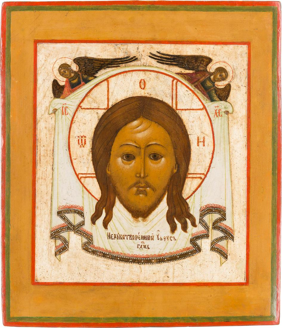AN ICON SHOWING THE MANDYLION Russian, circa 1800: AN ICON SHOWING THE MANDYLION Russian, circa 1800 Tempera on wood panel. The background stripped to gesso, minimally restored. 33 x 28 cm.IKONE MIT DEM MANDYLION Russland, um 1800 Holztafel mit zwei S