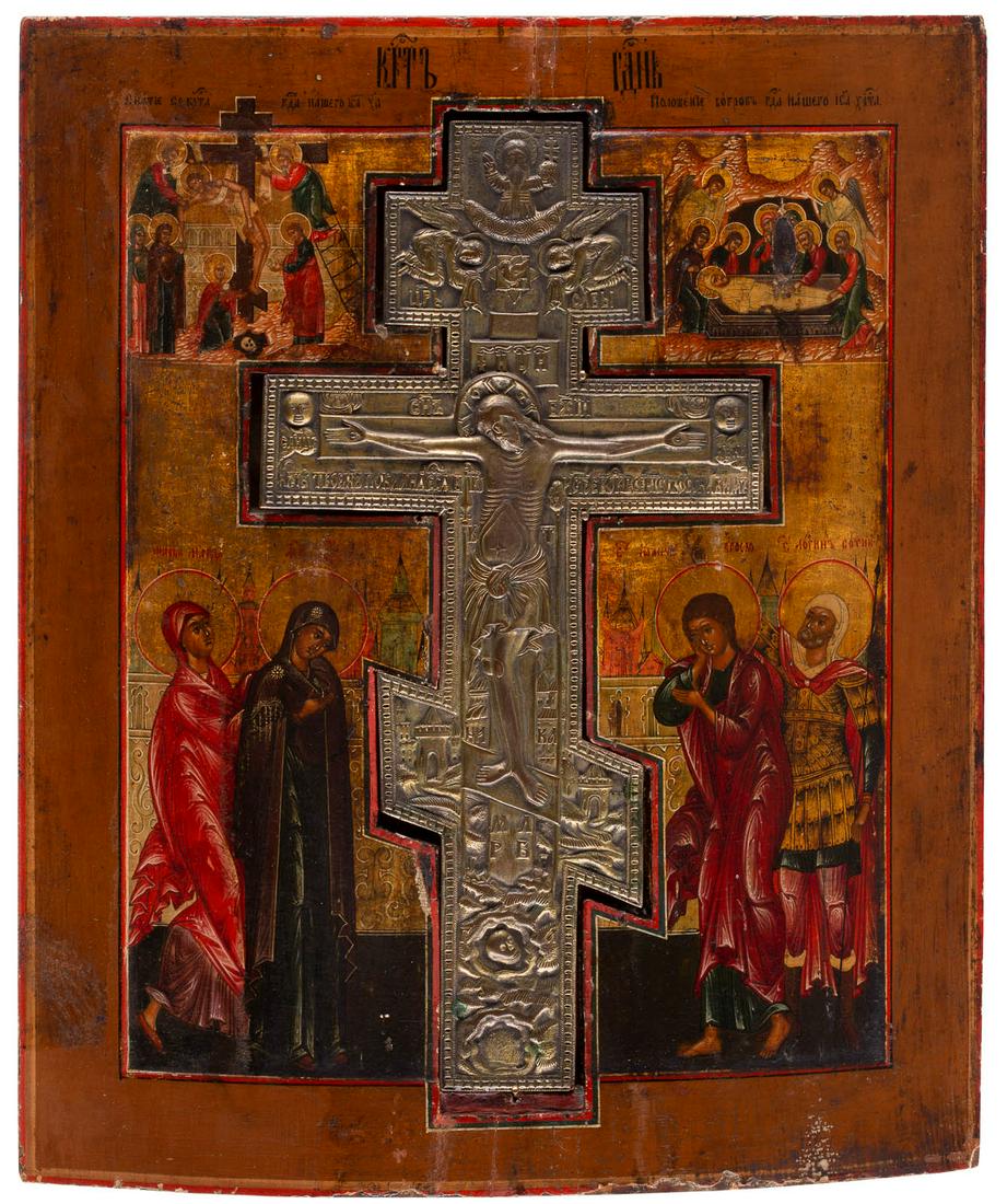 A LARGE ICON SHOWING THE CRUCIFIXION, THE DEPOSITION: A LARGE ICON SHOWING THE CRUCIFIXION, THE DEPOSITION AND THE ENTOMBMENT OF CHRIST Russian, early 19th century Tempera on wood panel with kovcheg. Executed on a gold ground. A brass crucifix set into t