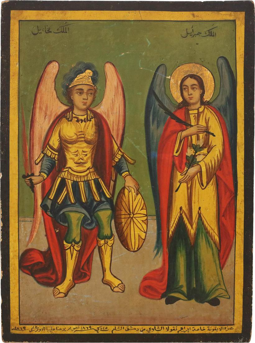 A SIGNED AND DATED MELKITE ICON SHOWING THE ARCHANGELS: A SIGNED AND DATED MELKITE ICON SHOWING THE ARCHANGELS MICHAEL AND GABRIEL Jerusalem, John Saliba of Jerusalem, 1869 Oil on wood panel. Executed in bright colours with gold details. Minimally restored