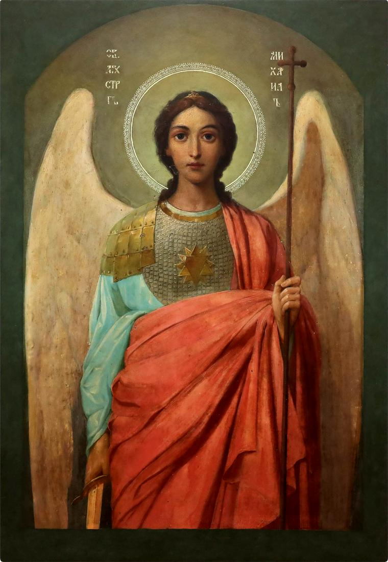 A MONUMENTAL ICON SHOWING THE ARCHANGEL MICHAEL: A MONUMENTAL ICON SHOWING THE ARCHANGEL MICHAEL Russian, probably Vachourov Workshop, circa 1900 Oil on wood panel. Minimally restored. 86 x 61 cm.MONUMENTALE IKONE MIT DEM ERZENGEL MICHAEL Russland, 