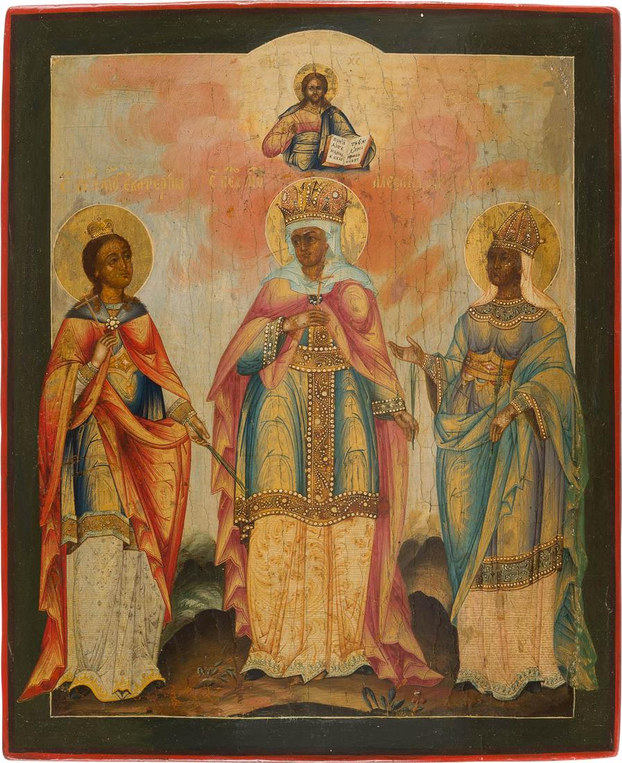 AN ICON SHOWING STS. CATHERINE, ALEXANDRA AND OLGA: AN ICON SHOWING STS. CATHERINE, ALEXANDRA AND OLGA Russian, mid 19th century Tempera on wood panel. The haloes made of gold. The garments decorated with intense chrysography. Partially restored. 30.6