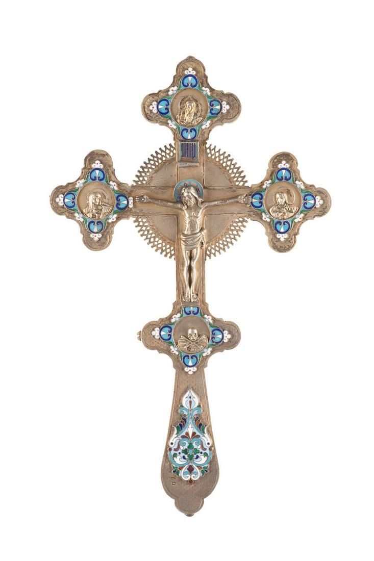 A SILVER-GILT AND CLOISONNÉ ENAMEL CRUCIFIX Russian,: A SILVER-GILT AND CLOISONNÉ ENAMEL CRUCIFIX Russian, Moscow, Nikolay Vasilevitch Alekseev, 1896-1908 Marked with assayer's mark, 84 standard and master's mark 'NA' in Cyrillic. 30.5 cm long, 380 gr.C