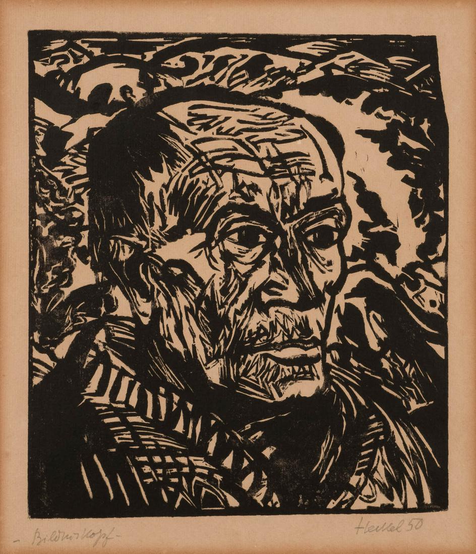 ERICH HECKEL 1883 Döbeln - 1970 Radolfzell: ERICH HECKEL 1883 Döbeln - 1970 Radolfzell 'BILDNISKOPF' (1950) Holzschnitt auf Velin. DM 29,5 x 25,5 cm (R. 72 x 63 cm). Unten rechts handsigniert und datiert 'Heckel (19)50' sowie unten links b
